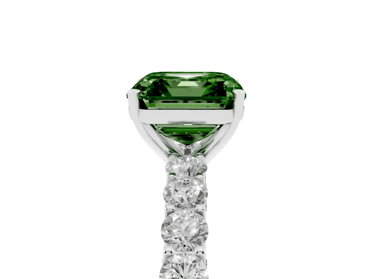 Fancy Green Asscher Cut Diamond Solitaire Ring with Shared Prong Pavé Band and Four-Prong Setting Silver