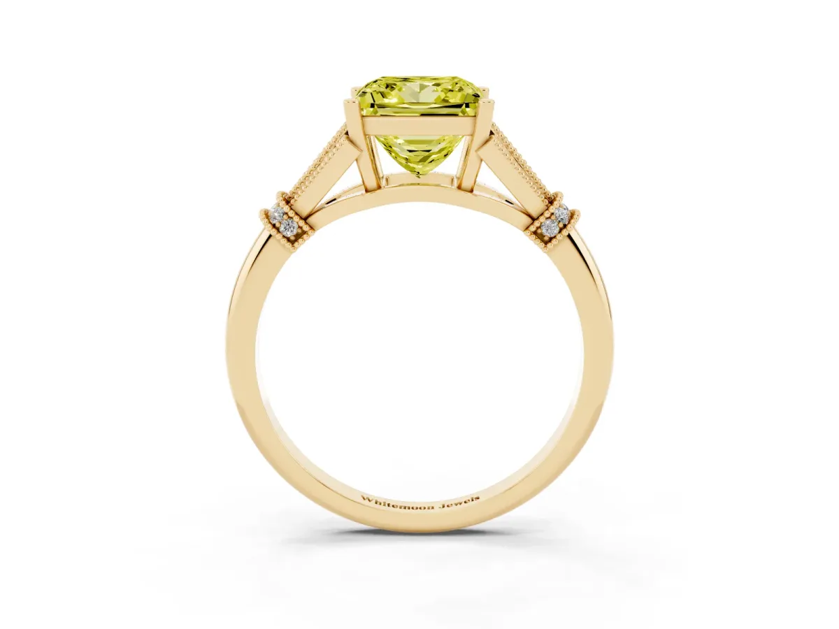 Fancy Yellow Princess Cut Diamond Solitaire Ring with Floral Filigree and Pave Accents Yellow gold