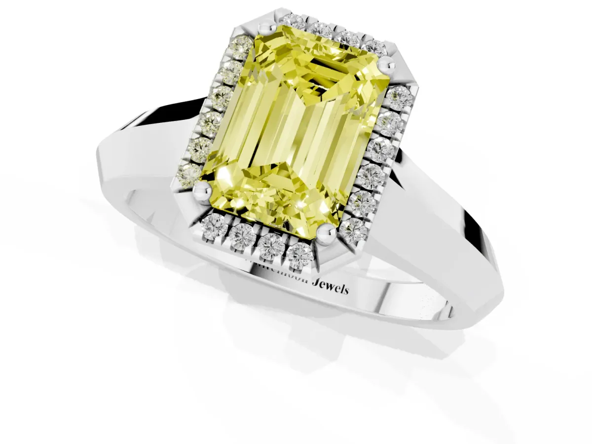 Fancy Yellow Emerald Cut Halo Diamond Ring with Cathedral Band and Four-Prong Setting White gold
