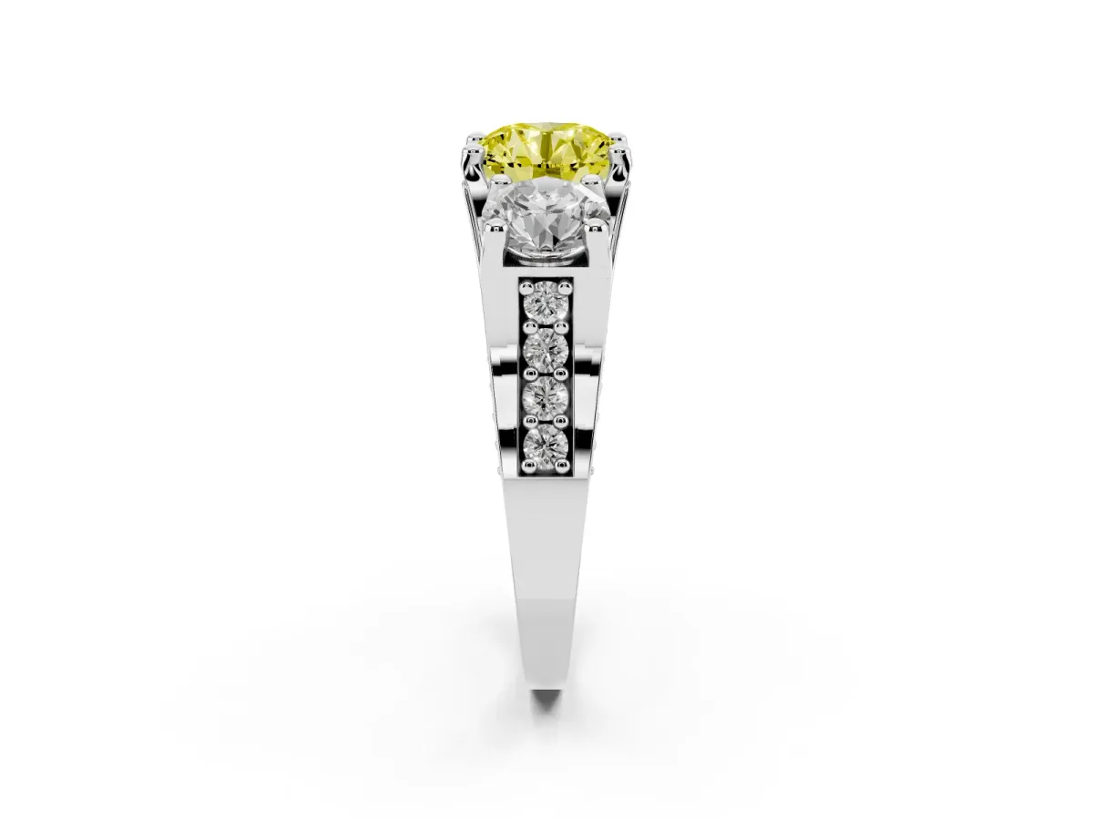 Fancy Yellow Round Cut Diamond Three-Stone Ring with Channel Set Band and Four-Prong Setting Silver