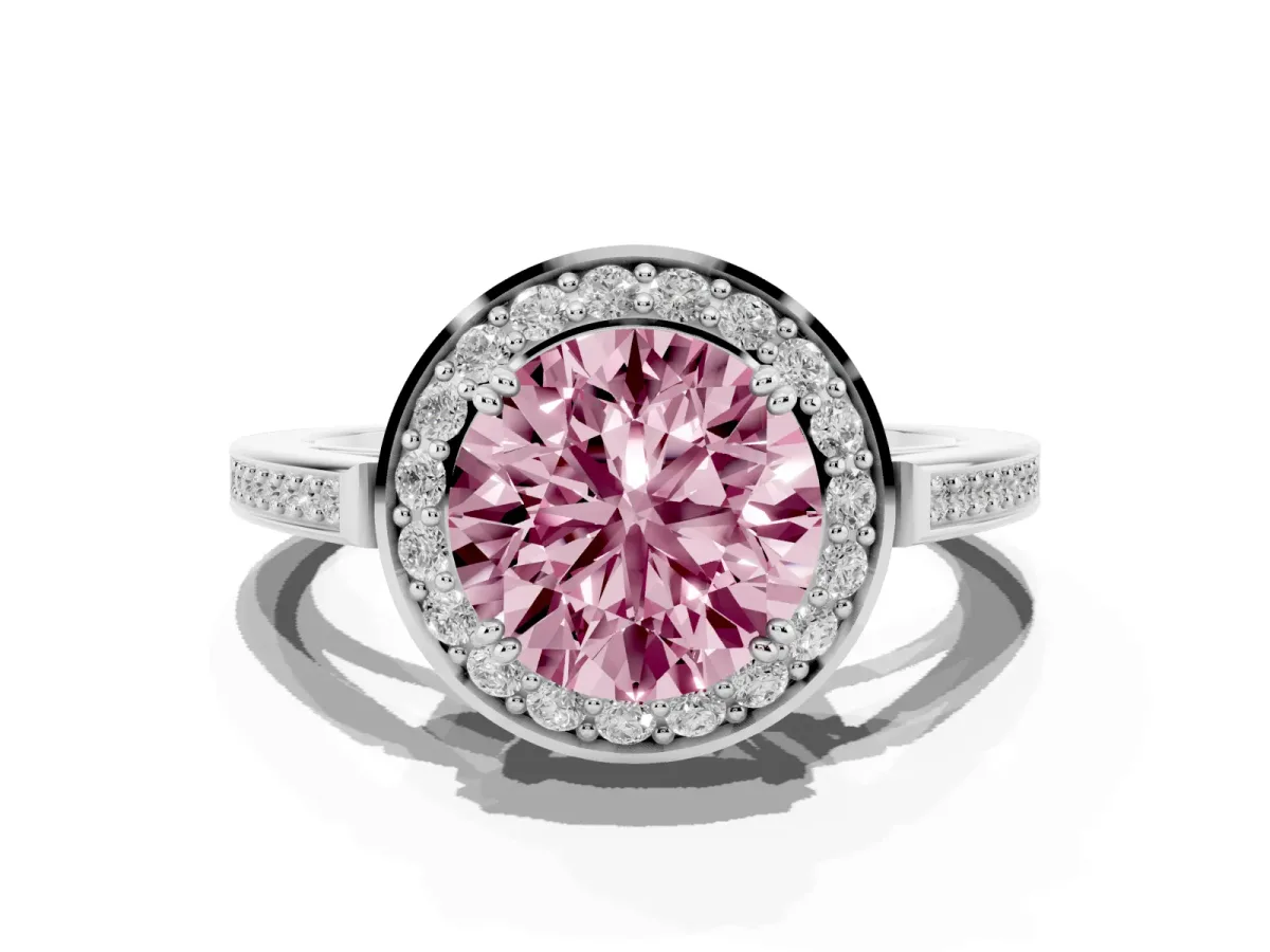 Fancy Pink Round Cut Diamond Halo Ring with Split Shank and Four-Prong Setting Platinum