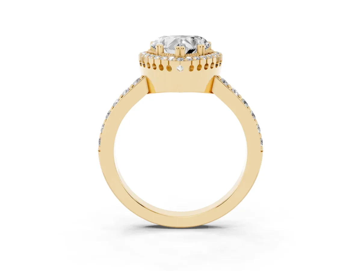 Heart Cut Cut Diamond Halo Engagement Ring with Milgrain Detail and Pavé Band Yellow gold