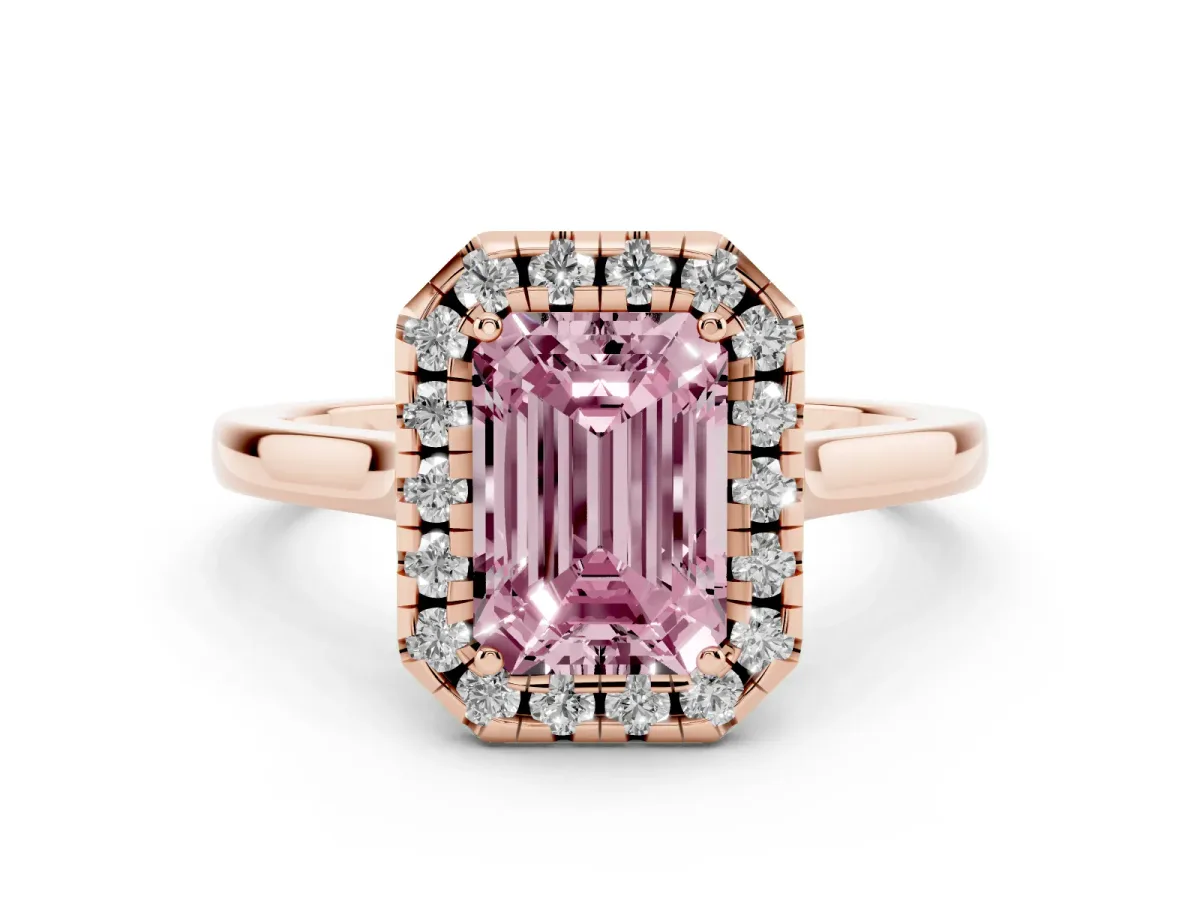 Fancy Pink Emerald Cut Halo Round Diamond Solitaire Ring with Pavé Band and Four-Prong Setting Rose gold