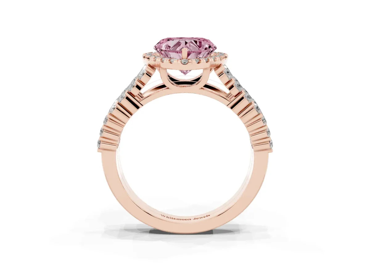 Fancy Pink Heart Cut Diamond Halo Engagement Ring with Triple Row Round Pavé Band and Prong Setting Rose gold