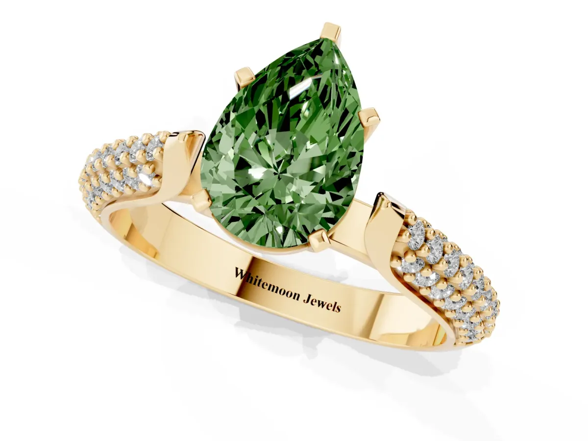 Fancy Green Pear Cut Diamond Solitaire Engagement Ring with Multi-Row Round Pavé Band and Prong Setting Yellow gold