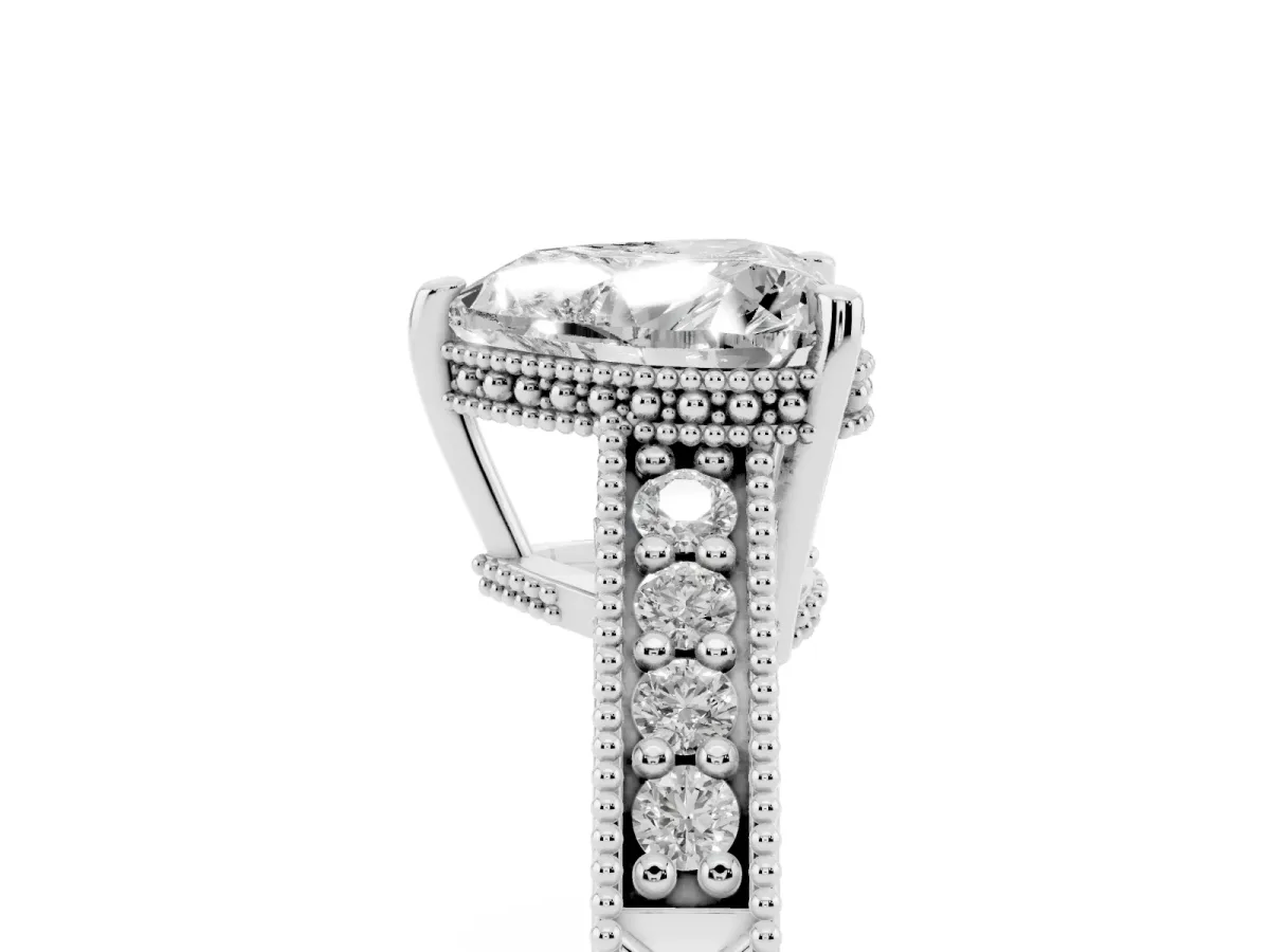 Heart Cut Solitaire Pavé Diamond Milgrain Engagement Ring with Four-Prong Setting Silver