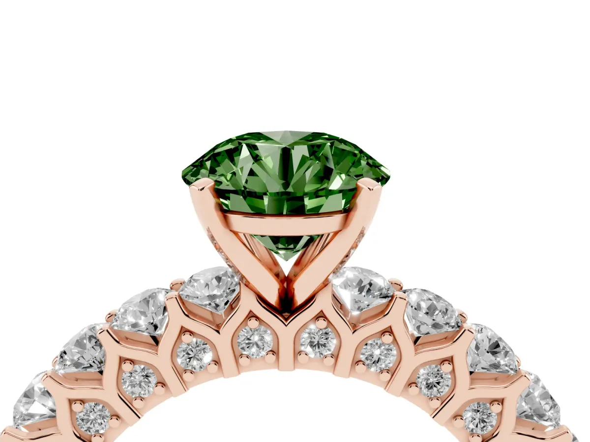 Fancy Green Round Cut Diamond Solitaire Ring with Shared Prong Pavé Band and Four-Prong Setting Rose gold