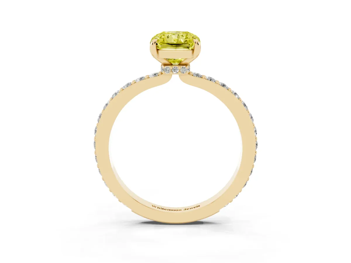 Fancy Yellow Radiant Cut Diamond Pavé Engagement Ring with Round Accents and Prong Setting Yellow gold