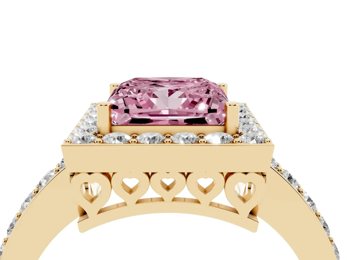 Fancy Pink Princess Cut Halo Diamond Pavé Band Ring with Prong Setting Yellow gold