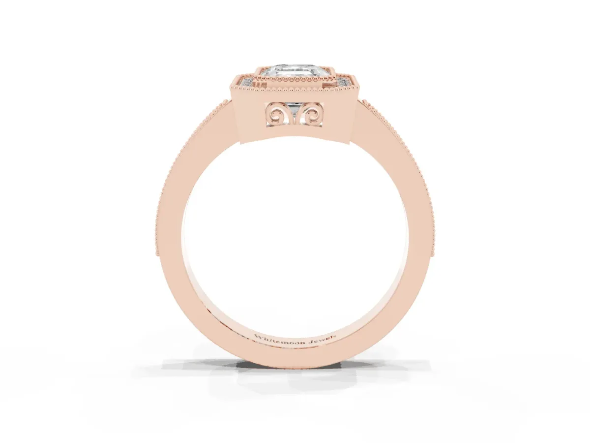 Emerald Cut Cut Halo Diamond Ring with Pavé Band and Milgrain Prong Setting Rose gold