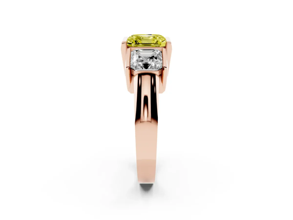 Fancy Yellow Three Stone Asscher Cut Cut Channel Set Diamond Ring Rose gold
