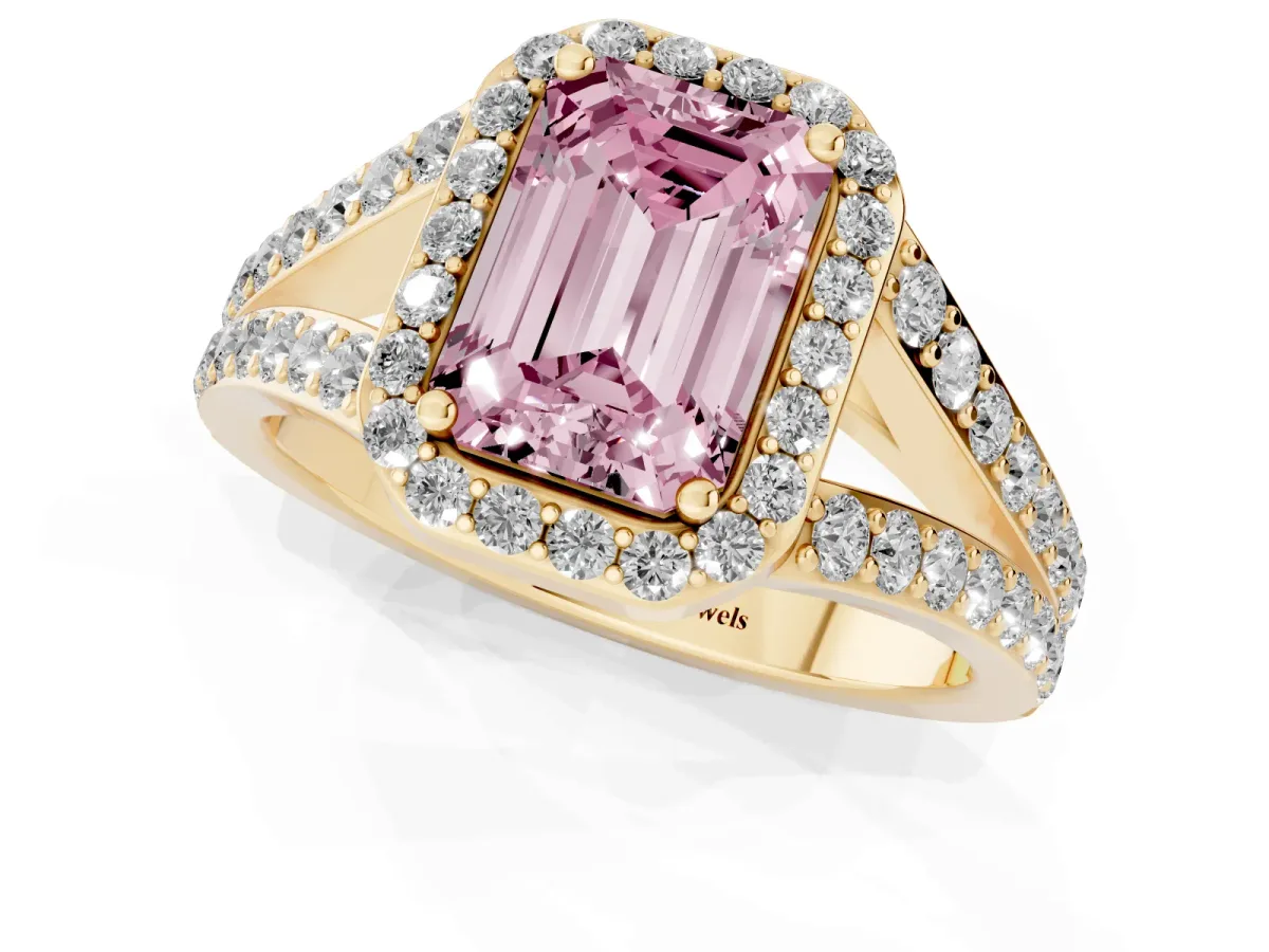 Fancy Pink Emerald Cut Diamond Split Shank Halo Ring with Four-Prong Setting Yellow gold