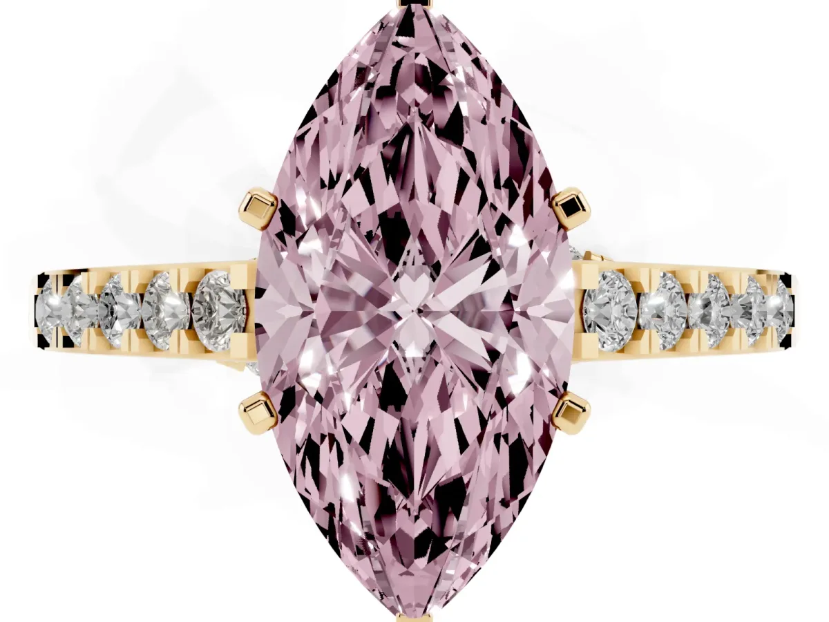 Fancy Pink Marquise Cut Diamond Solitaire Ring with Crossover Gallery and Round Pavé Band Yellow gold
