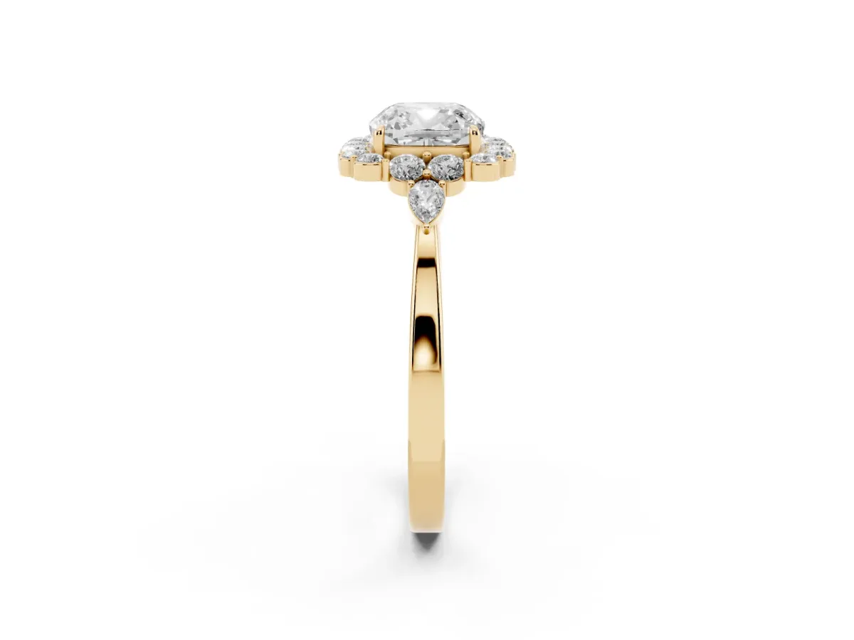 Cushion Cut Diamond Halo Ring with Pear Side Stones and Prong Setting Yellow gold