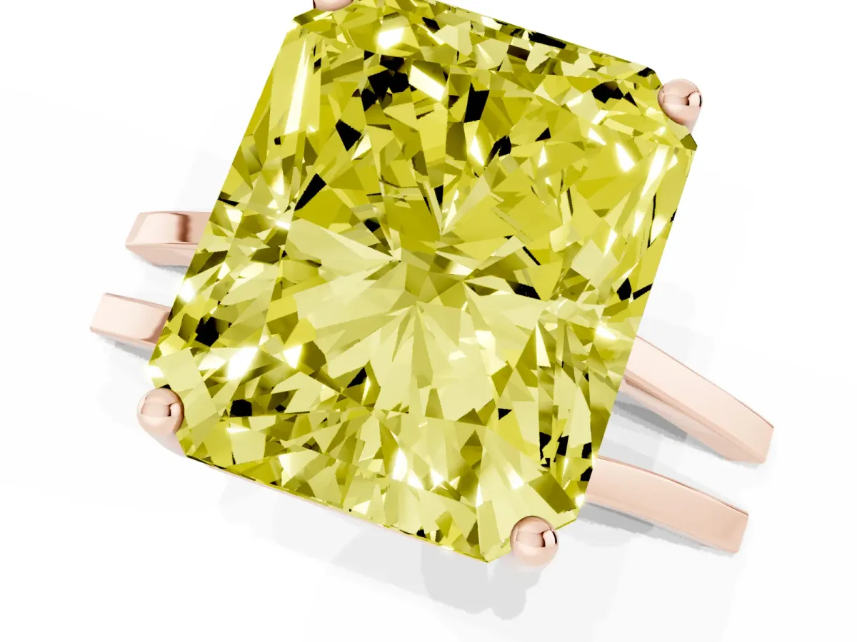 Fancy Yellow Radiant Cut Cut Diamond Solitaire Engagement Ring with Tapered Plain Band and Four-Prong Setting Rose gold