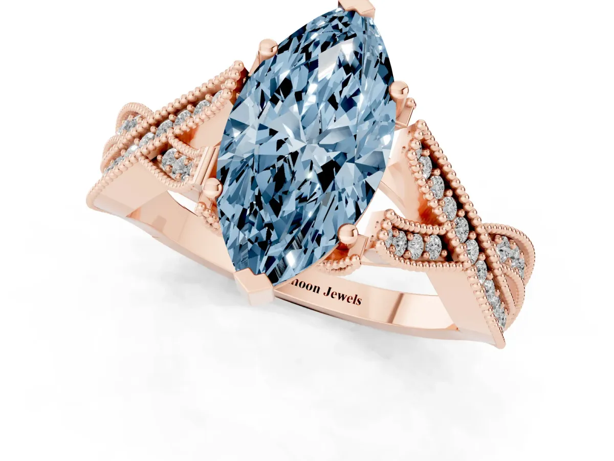 Fancy Blue Marquise Cut Cut Diamond Twisted Band with Milgrain Pave Setting and Four-Prong Setting Rose gold