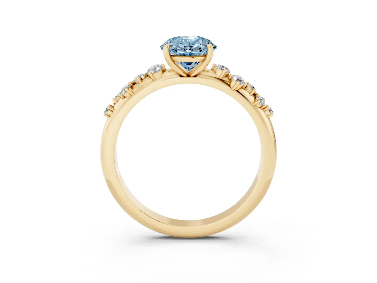 Fancy Blue Oval Cut Diamond Cluster Prong-Set Solitaire Ring Yellow gold
