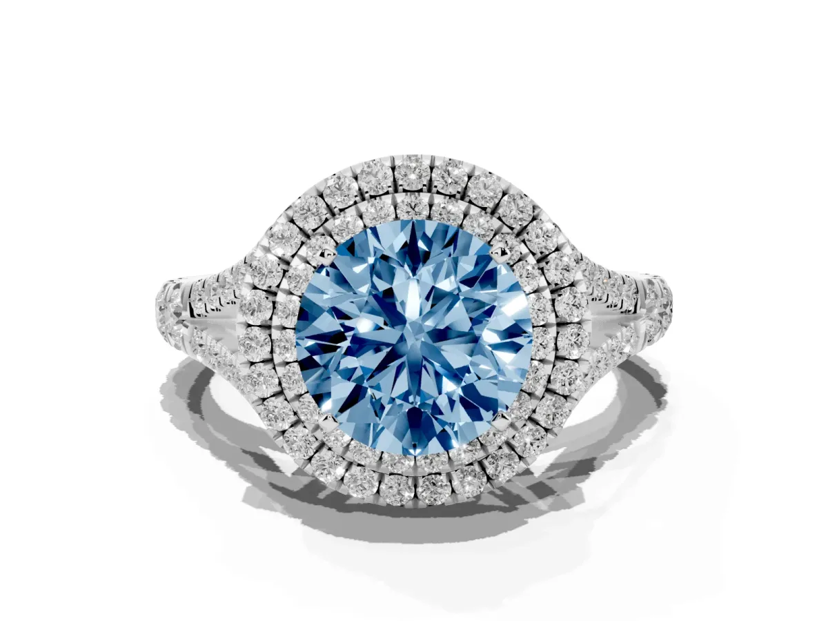 Fancy Blue Round Cut Diamond Pavé Split Shank Double Halo Engagement Ring Silver