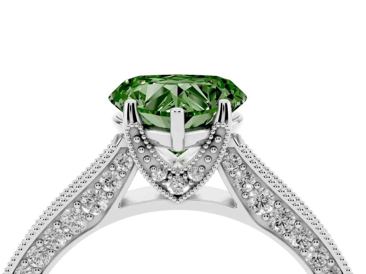 Fancy Green Heart Cut Cut Diamond Solitaire Ring with Milgrain Pave Band and Four Prong Setting Platinum