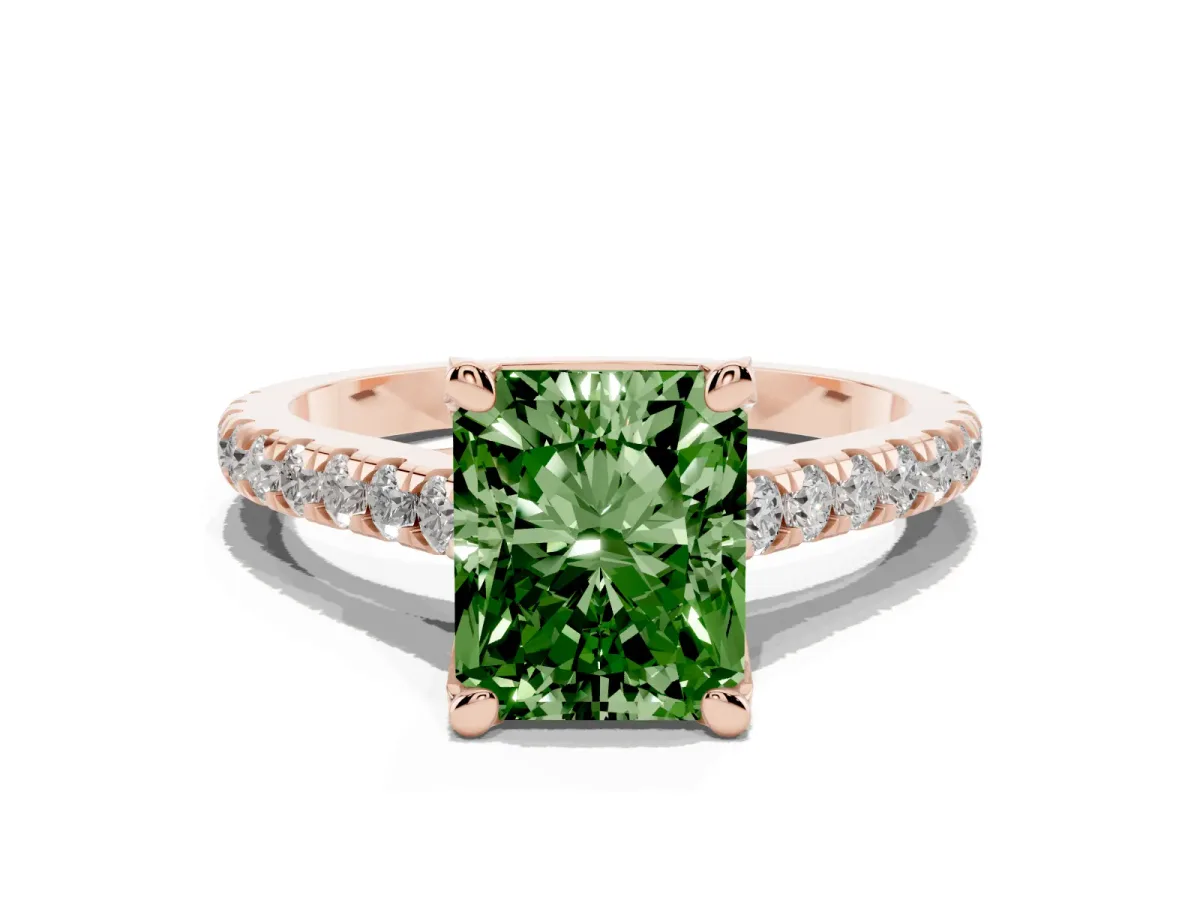 Fancy Green Radiant Cut Brilliant Diamond Solitaire with Pavé Band and Four-Prong Setting Rose gold