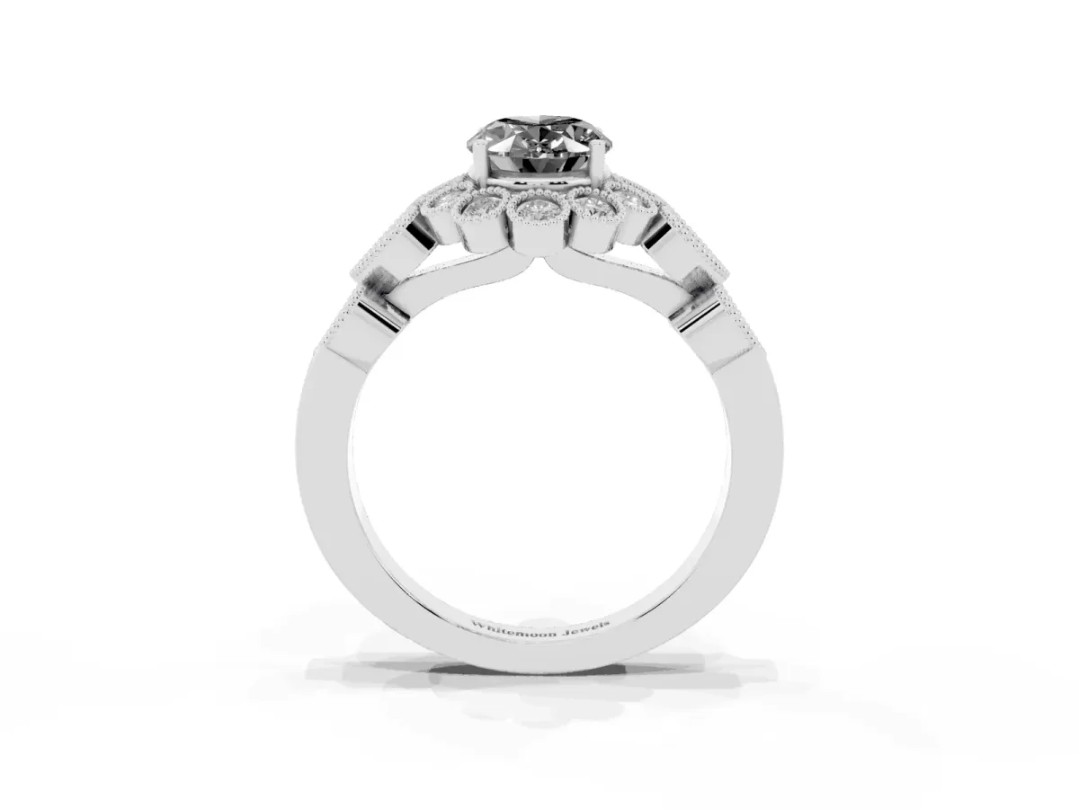 Fancy Black Oval Cut Brilliant Milgrain Pave Heart Band Solitaire Ring Silver