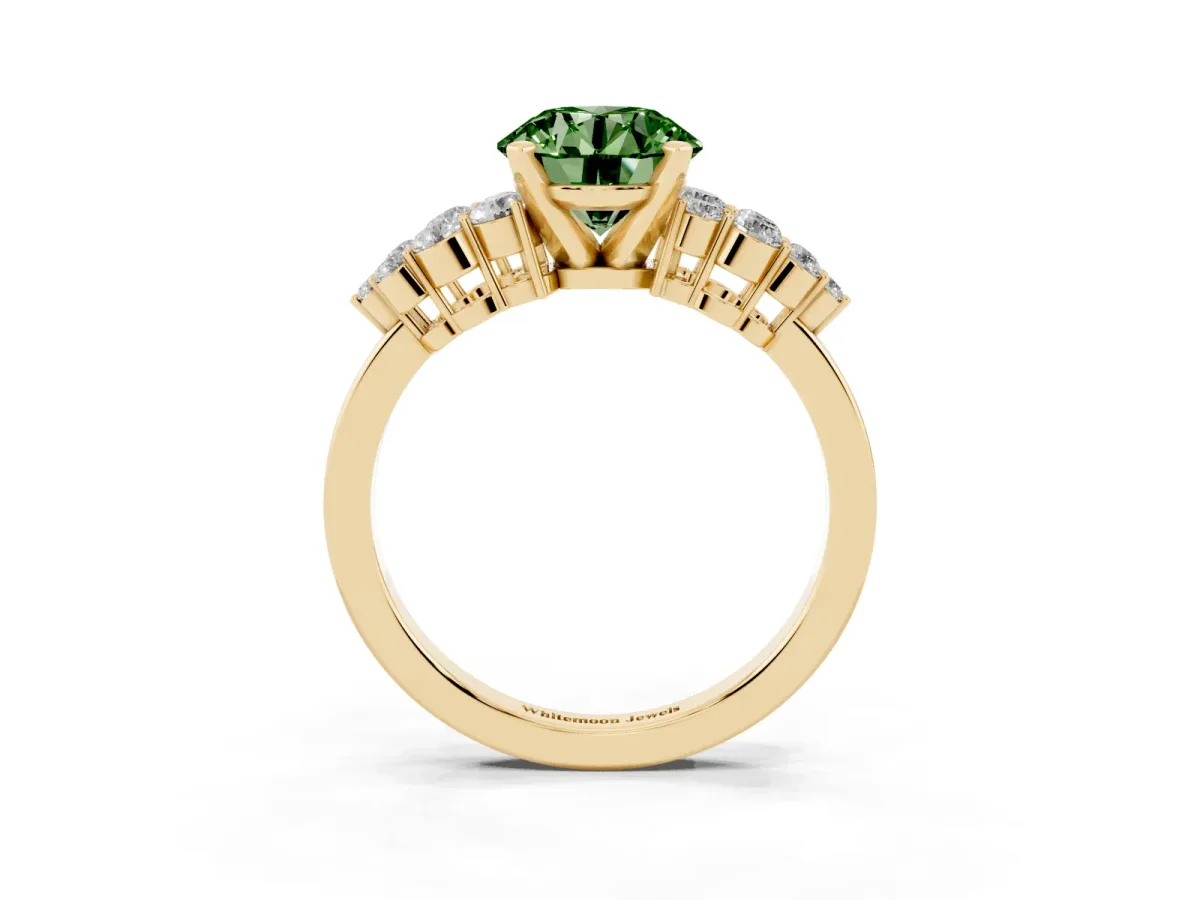Fancy Green Round Cut Cluster Diamond Engagement Ring with Pavé Band and Four-Prong Setting Yellow gold