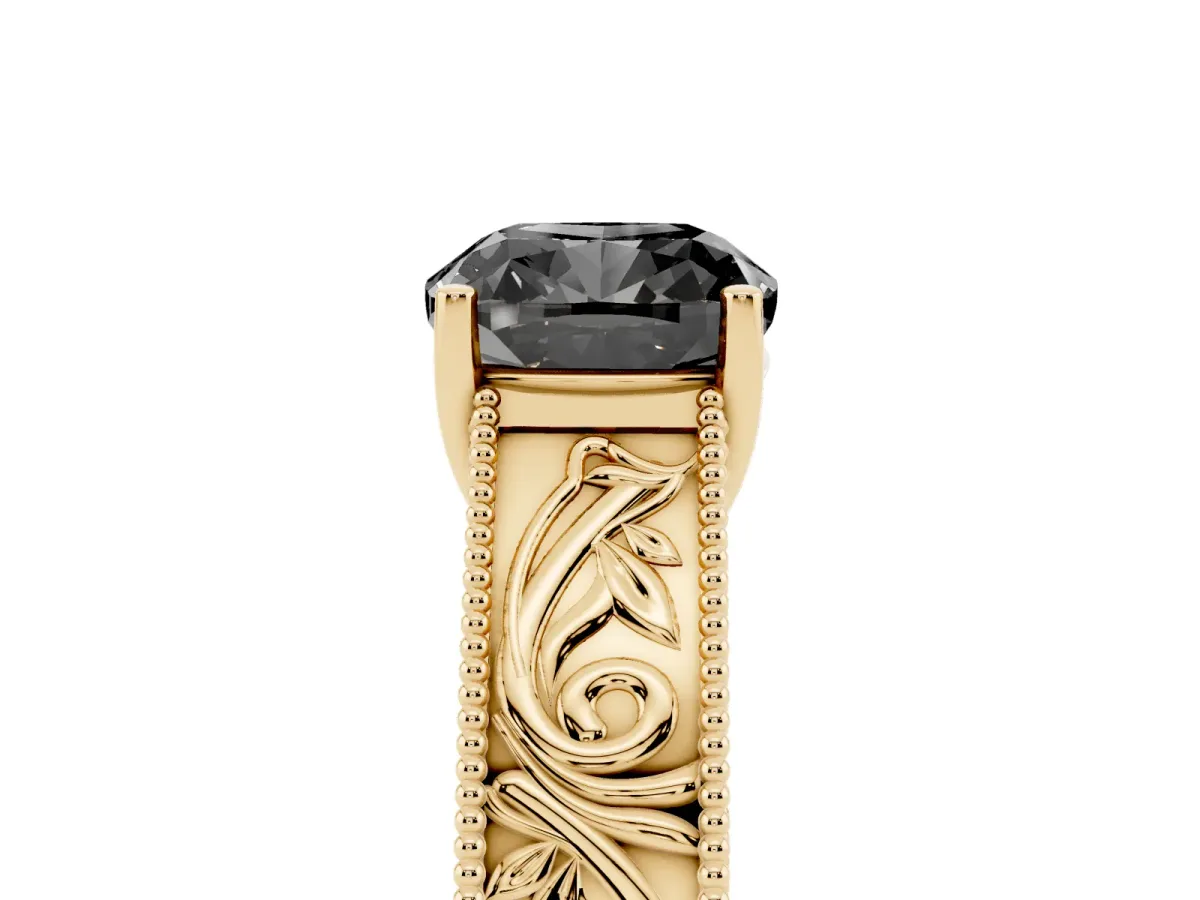 Fancy Black Cushion Cut Diamond Solitaire Ring with Engraved Band and Four-Prong Setting Yellow gold