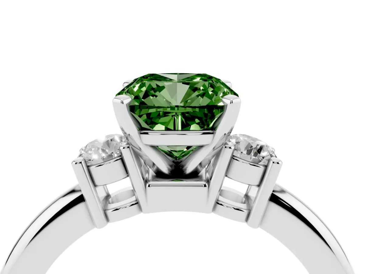 Fancy Green Three-Stone Cushion Cut Cut Diamond Solitaire with Prong Setting and Classic Band Silver