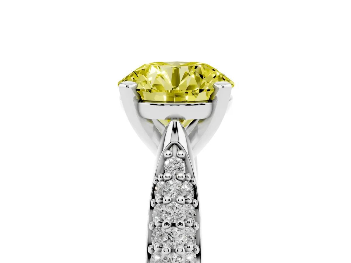 Fancy Yellow Round Cut Diamond Solitaire Engagement Ring with Multi-Row Round Pavé Band and Prong Setting White gold