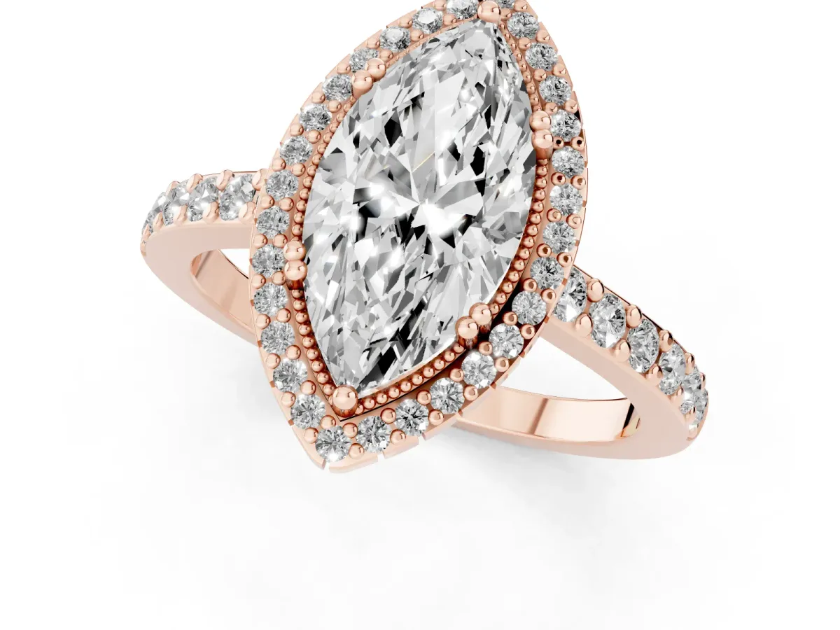 Marquise Cut Cut Diamond Halo Engagement Ring with Milgrain Detail and Pavé Band Rose gold