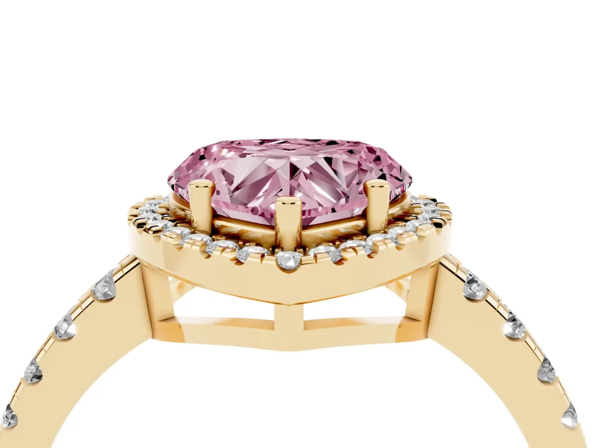 Fancy Pink Heart Cut Diamond Halo Ring with Pavé Band and Four-Prong Setting Yellow gold