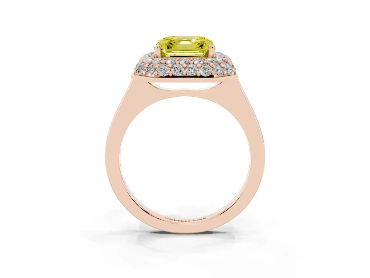 Fancy Yellow Asscher Cut Halo Diamond Engagement Ring with Solitaire Band and Four-Prong Setting Rose gold