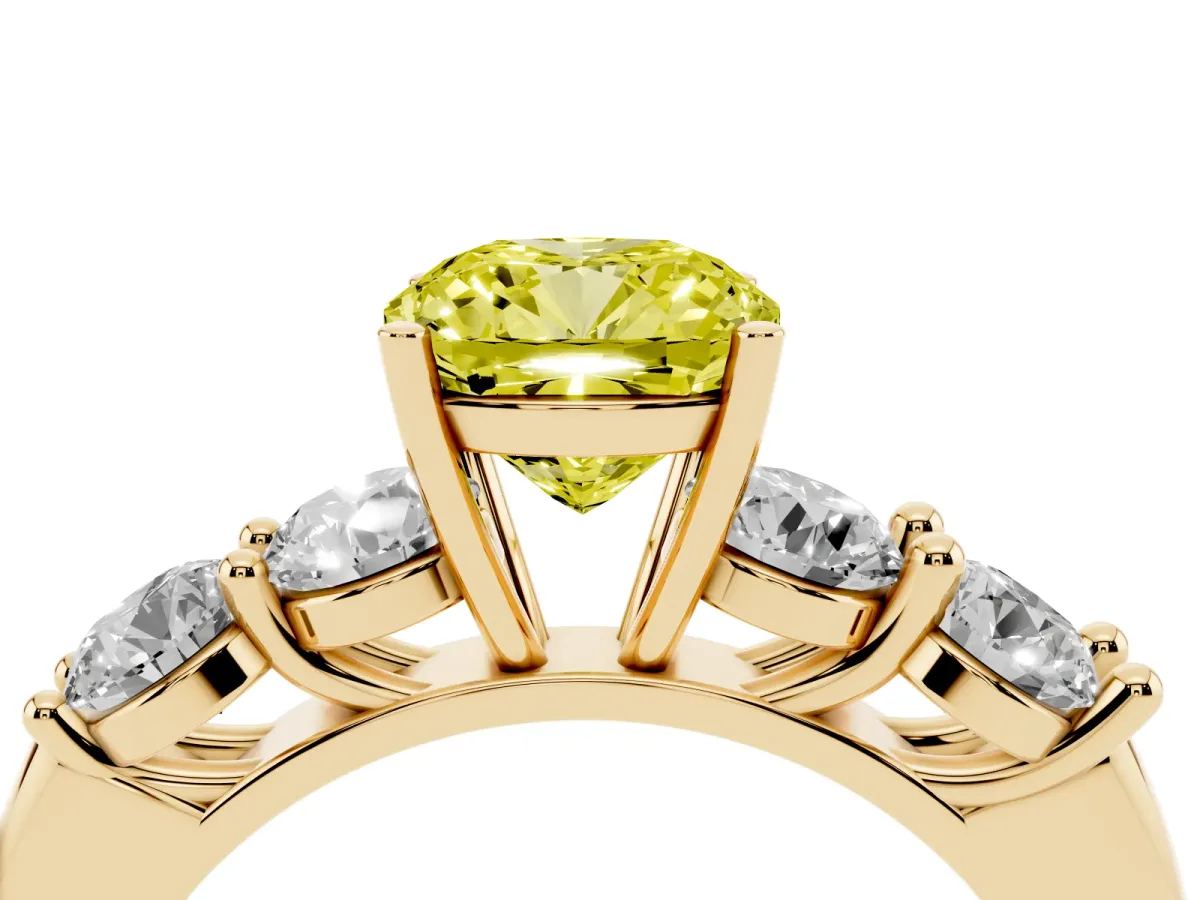 Fancy Yellow Cushion Cut Cut Five-Stone Prong Set Diamond Ring with Classic Band Yellow gold