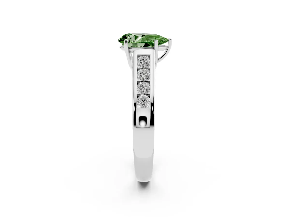 Fancy Green Pear Cut Solitaire Channel-Set Diamond Engagement Ring with Four-Prong Setting Platinum