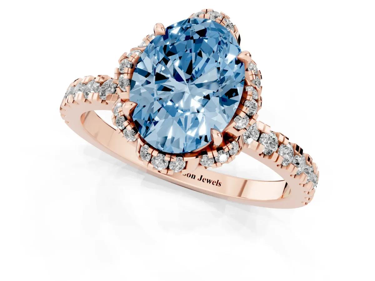 Fancy Blue Oval Cut Halo Diamond Pave Band Ring with Four-Prong Setting Rose gold