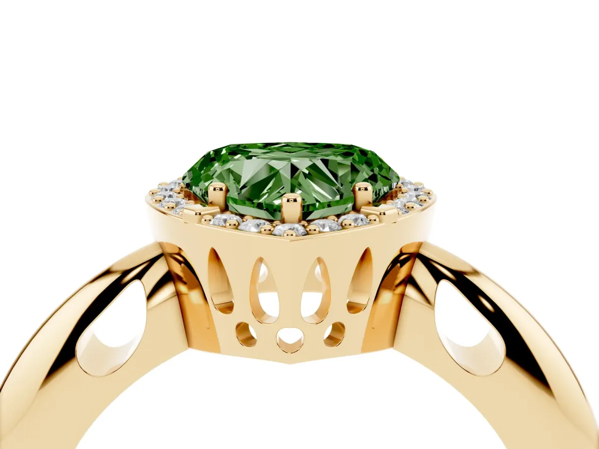 Fancy Green Heart Cut Cut Diamond Halo Engagement Ring with Split Shank and Four-Prong Setting Yellow gold