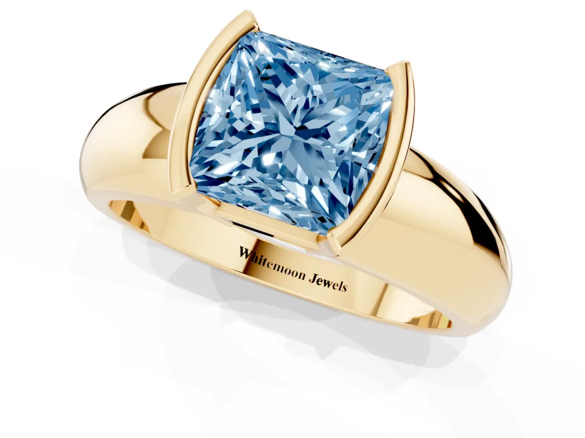 Fancy Blue Princess Cut Solitaire Tension Set Diamond Ring with Wide Band Yellow gold