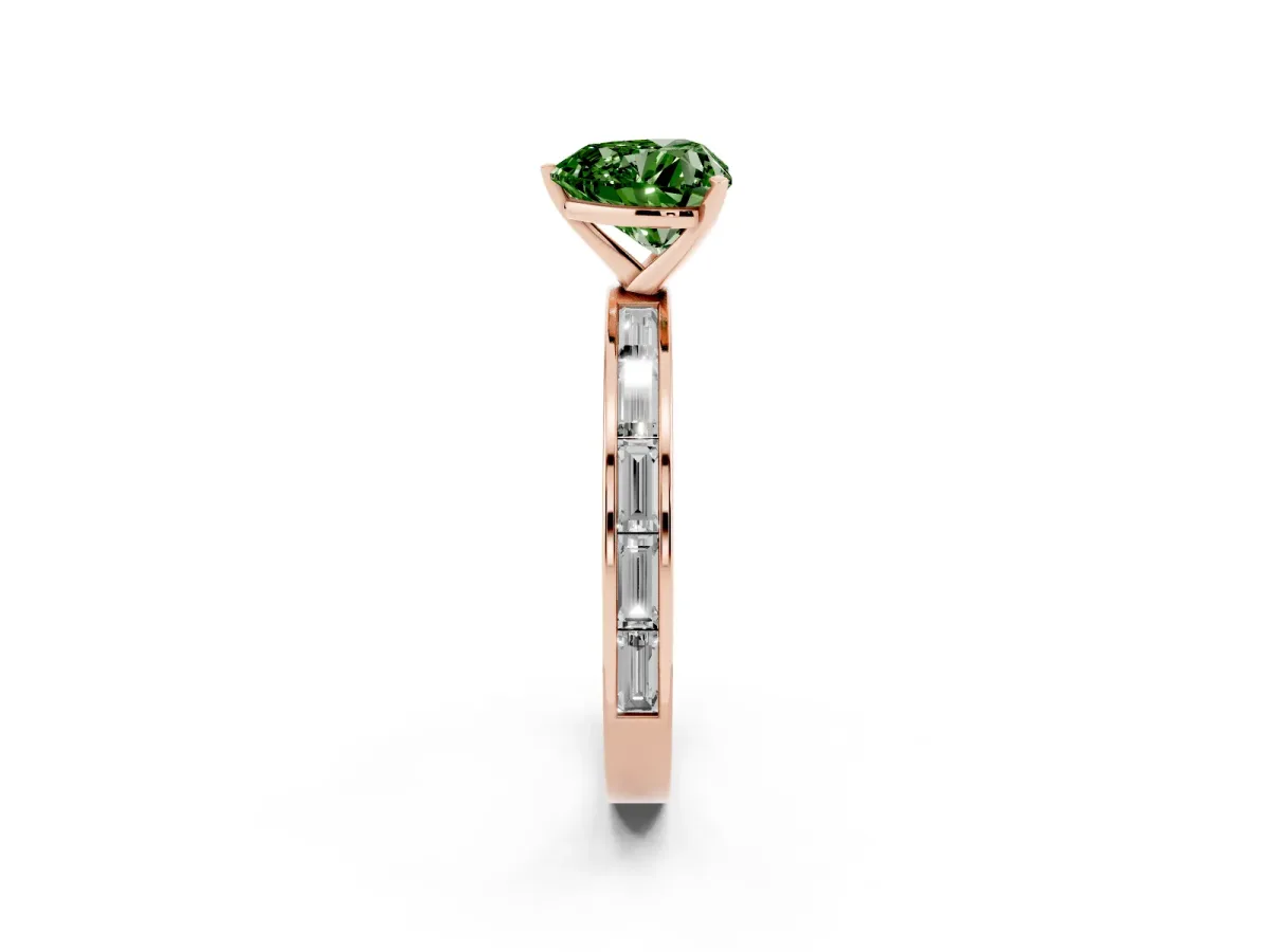Fancy Green Heart Cut Solitaire Diamond Ring with Channel-Set Baguette Band and Four-Prong Setting Rose gold