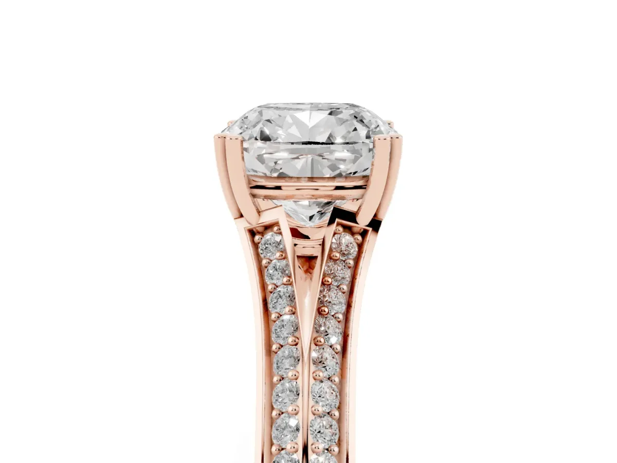 Cushion Cut Diamond Split Shank Engagement Ring with Pavé Band Rose gold