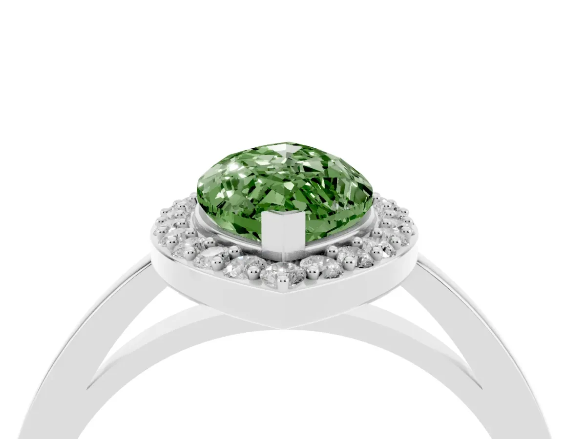 Fancy Green Marquise Cut Halo Diamond Ring with Solitaire Band and Prong Setting Silver