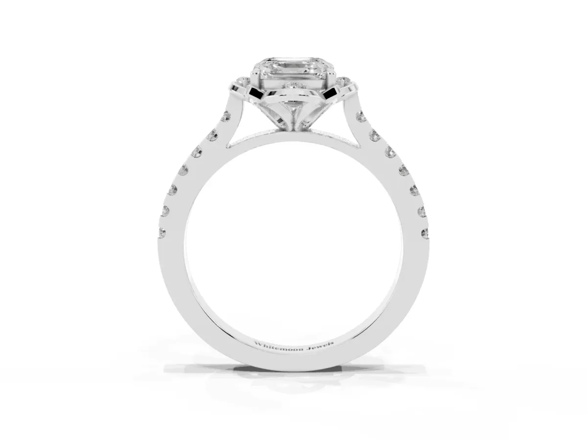 Asscher Cut Diamond Ring with Pavé Band and Floral Prong Setting Platinum
