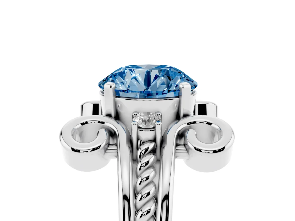 Fancy Blue Round Cut Solitaire Twisted Band Scroll Prong Ring Platinum