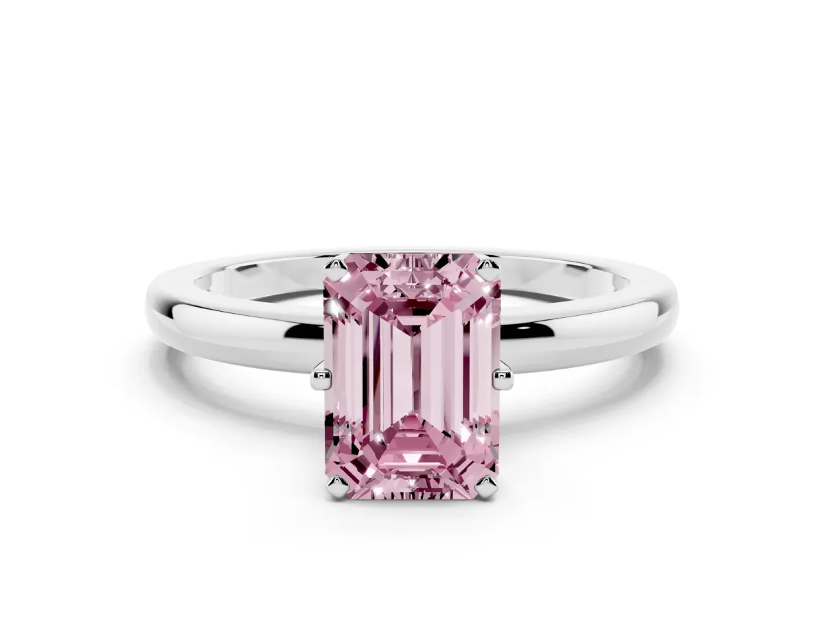 Fancy Pink Emerald Cut Solitaire Diamond Ring with Six-Prong Setting on a Classic Band Platinum