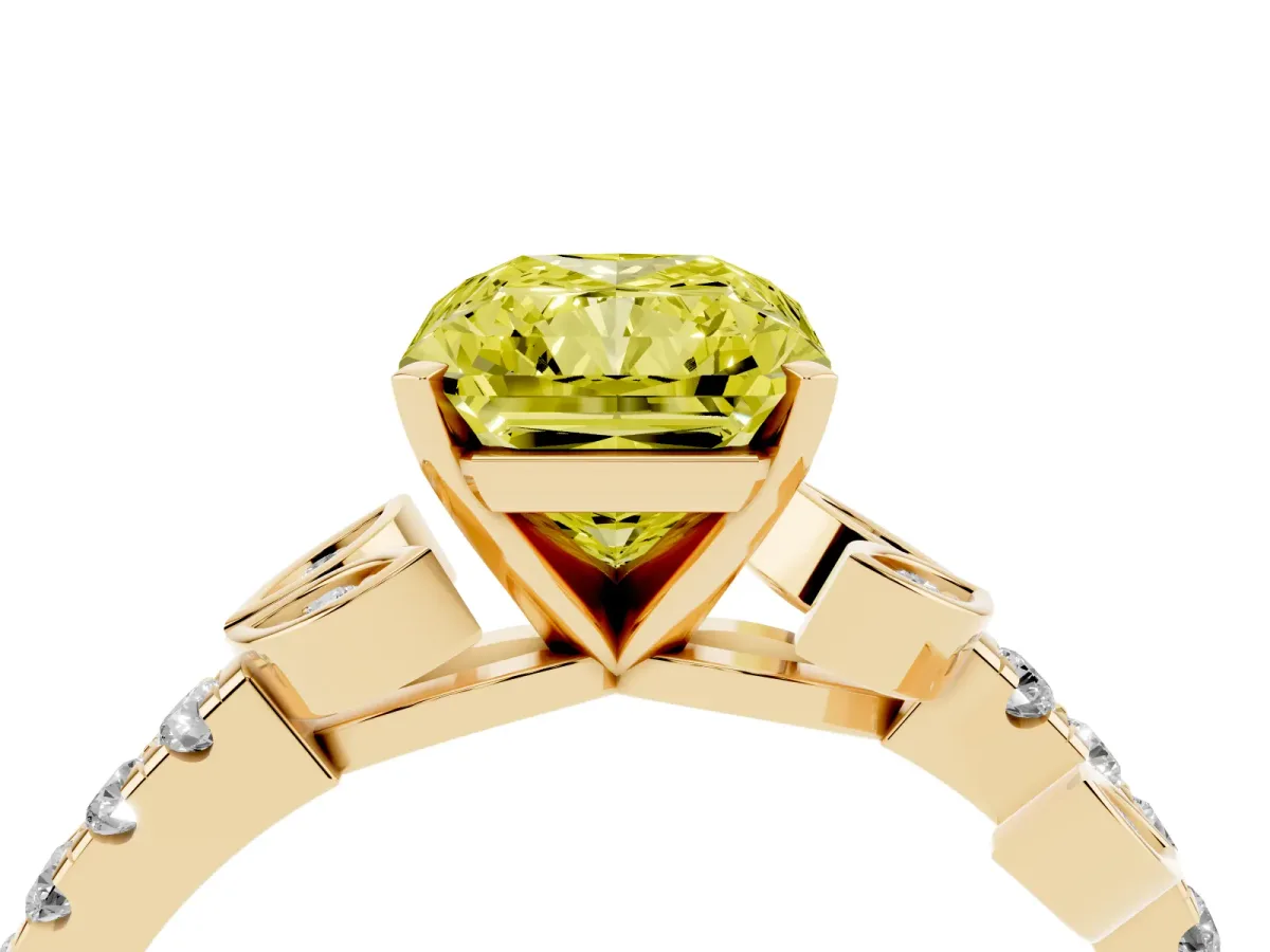 Fancy Yellow Radiant Cut Solitaire Leaf-Inspired Diamond Ring with Pavé Band and Four-Prong Setting Yellow gold