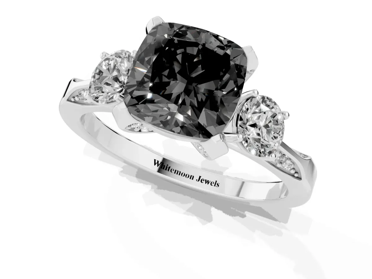 Fancy Black Cushion Cut Brilliant Three-Stone Diamond Ring with Pavé Band and Four-Prong Setting White gold