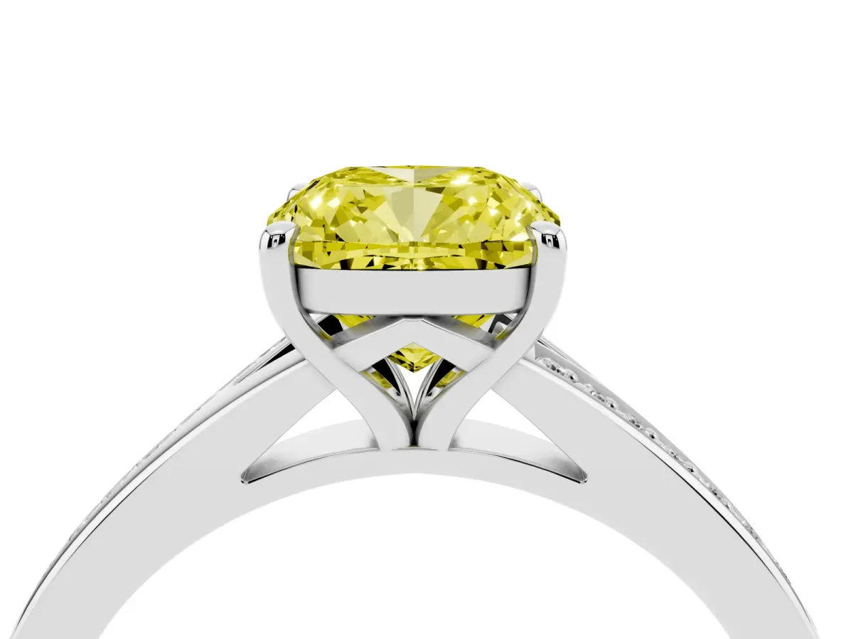 Fancy Yellow Cushion Cut Diamond Solitaire Ring with Pavé Band and Prong Setting Silver