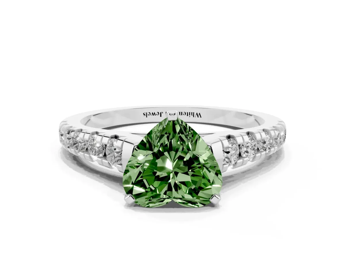 Fancy Green Heart Cut Diamond Cathedral Solitaire Ring with Round Pavé Band Silver