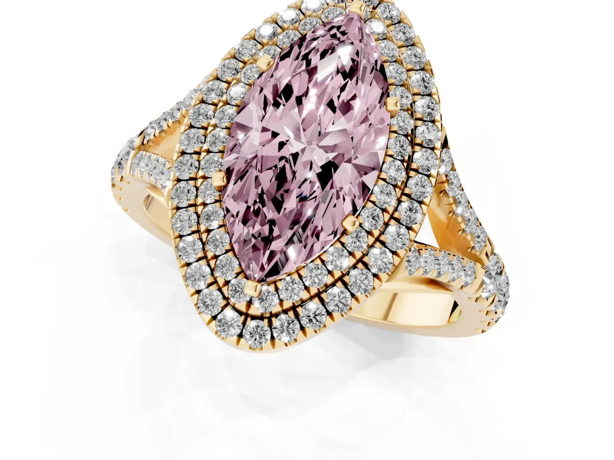 Fancy Pink Marquise Cut Diamond Pavé Split Shank Double Halo Engagement Ring Yellow gold