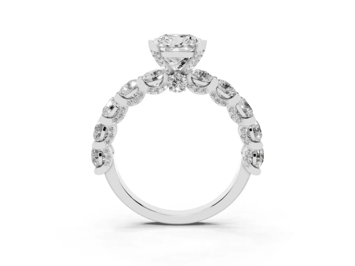 Cushion Cut Diamond Side Stone Engagement Ring with Four-Prong Setting White gold