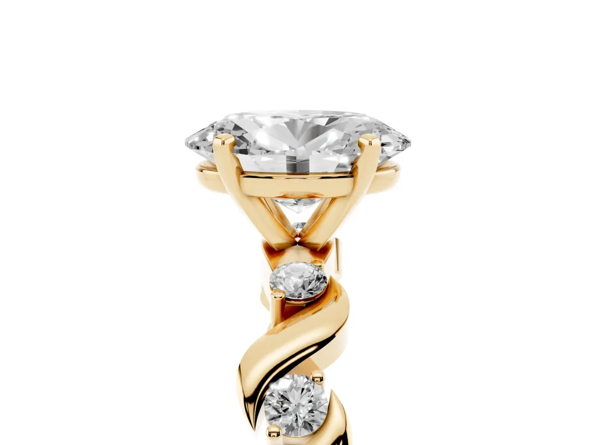 Oval Cut Diamond Solitaire Twisted Band with Round Accents and Prong Setting Yellow gold